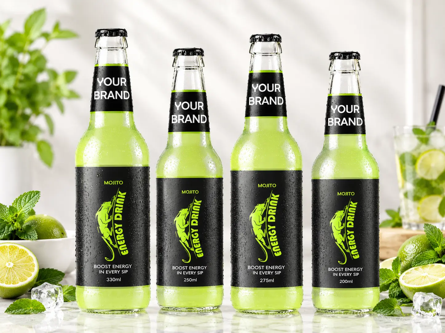 ENERGY DRINK Mojito flavour in 330ml, 250ml, 275ml and 200ml glass bottles.